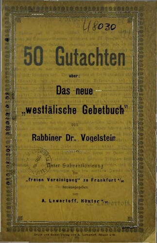 50 Gutachten über das neue "westfalische Gebetbuch" von Rabbiner Dr. Vogelstein